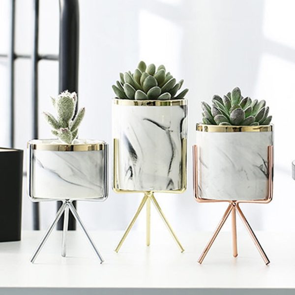 Nordic Ceramic Iron Art Vase Marble Pattern Rose Gold Silver Tabletop Green Plant Pot Home Office Vases Decorative Sale