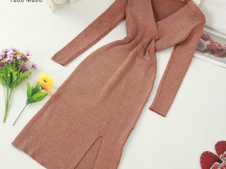 YuooMuoo Ins Fashion Shining V Neck Knitted Dress Women on Sale