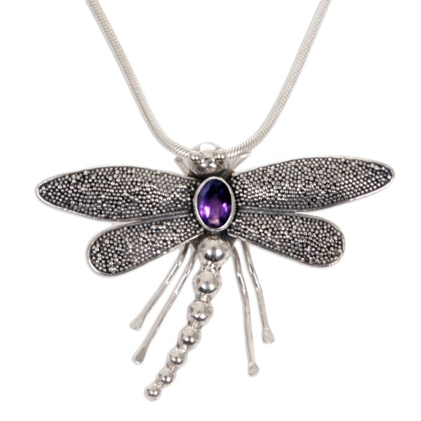 Dragonfly Amethyst & Sterling Silver Pendant Necklace For Discount