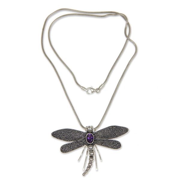 Dragonfly Amethyst & Sterling Silver Pendant Necklace For Discount