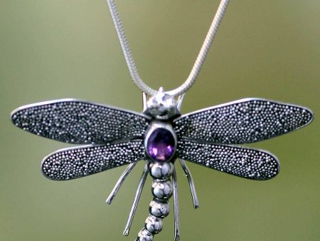 Dragonfly Amethyst & Sterling Silver Pendant Necklace For Discount