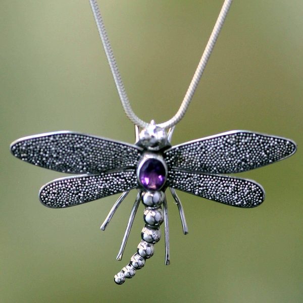 Dragonfly Amethyst & Sterling Silver Pendant Necklace For Discount