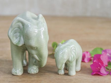 Mom & Baby Elephant Celadon Ceramic Statuettes Cheap