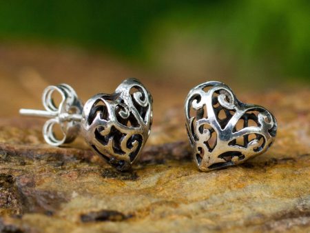 Sterling Silver Filigree Heart Stud Earrings Online now