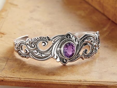 Amethyst & Silver Floral Paisley Cuff Bracelet For Sale