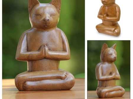 Cat In Meditation Suar Wood Sculpture on Sale