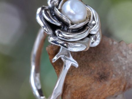 Handcrafted Pearl & Sterling Silver Rose Ring Discount